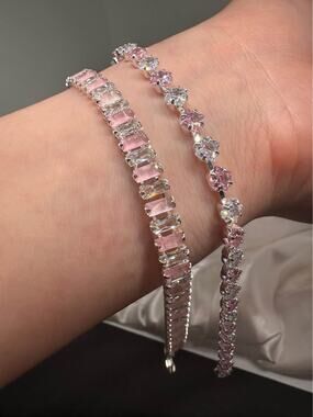Tarnish Free 2pc Pink Bracelet Set – Baguette Cat-Eye & Diamond